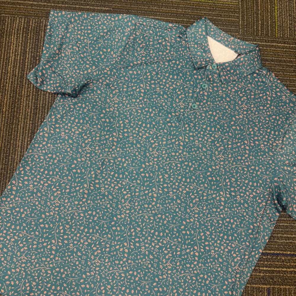 Antigua Floral Polo Shirt Mens‎ Large Teal Pink Short Sleeve Golf Performance L
